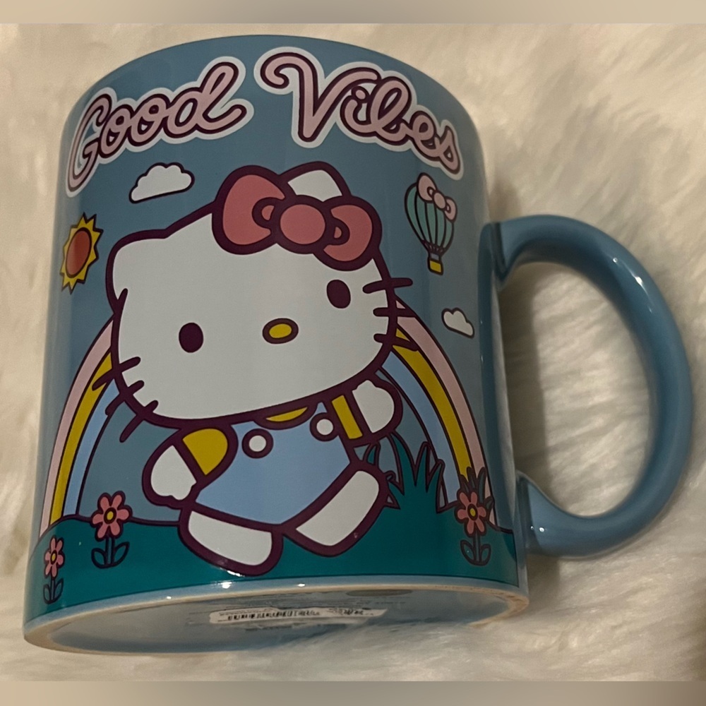 🆕 Hello Kitty Good Vibes Rainbow Coffee Mug Blue Double Sided Cup - Picture 2 of 4